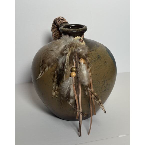 Hand Painted Ceramic Jug Indian Chief Leather Straps Feathers & Beads 7.5"H - Picture 5 of 16